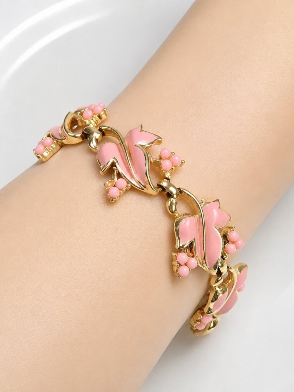 Vintage Coro Pink Thermoset Bracelet Leaf Floral Link MCM 1950s 60s
